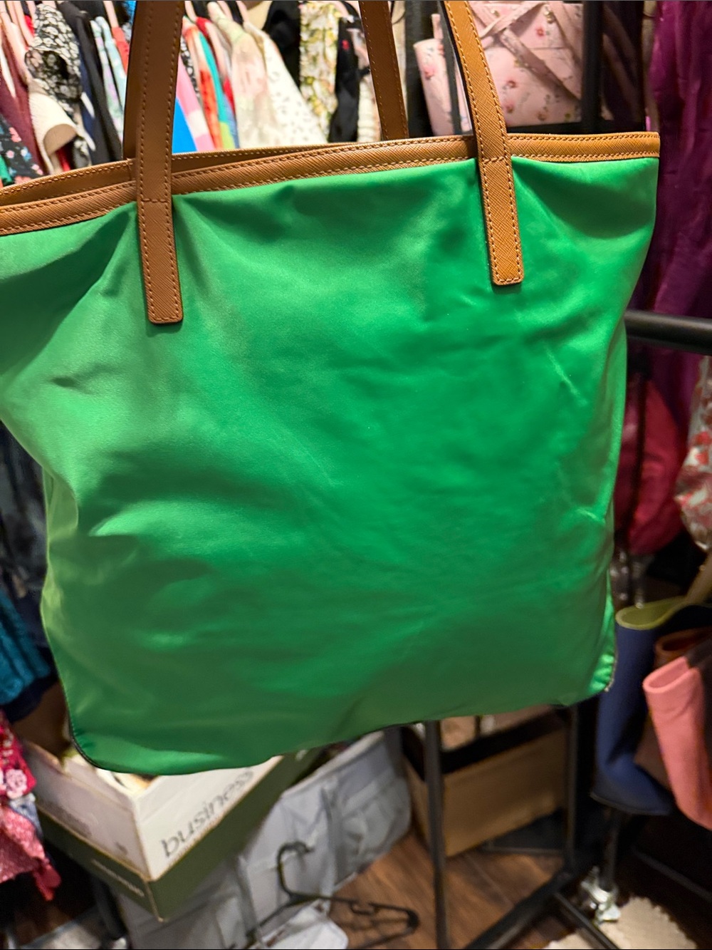 MICHAEL Michael Kors Bright Green Nylon Tote with Brown Leather Trim - Picture 5 of 6